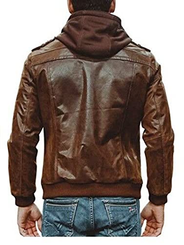 IFTEKHAR Brown Vintage Hooded Leather Boomber Jacket Removal Casual Distressed Motercycle - Image 2