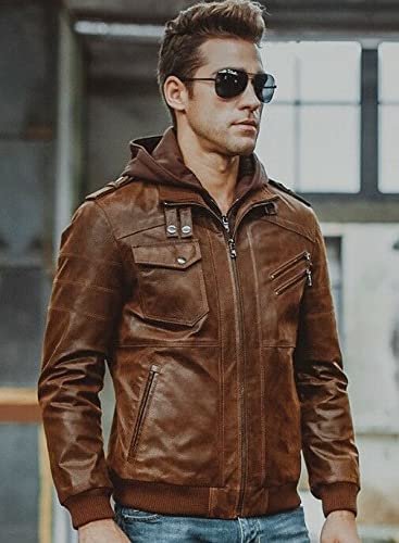 IFTEKHAR Brown Vintage Hooded Leather Boomber Jacket Removal Casual Distressed Motercycle - Image 3