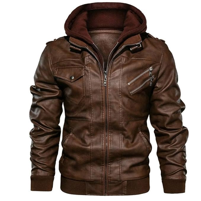 Iftekhar Hood’s Men Leather Jacket Vintage Bomber Casual Removal Hood Brown Distressed