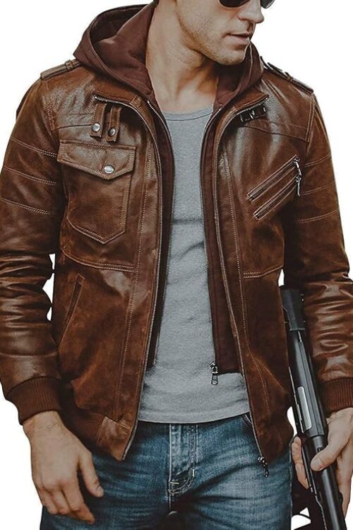 IFTEKHAR Brown Vintage Hooded Leather Boomber Jacket Removal Casual Distressed Motercycle