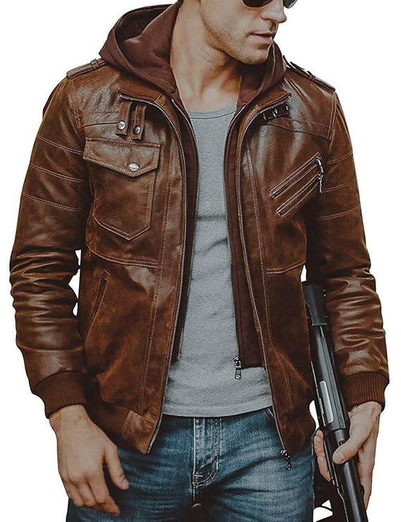 IFTEKHAR Brown Vintage Hooded Leather Boomber Jacket Removal Casual Distressed Motercycle