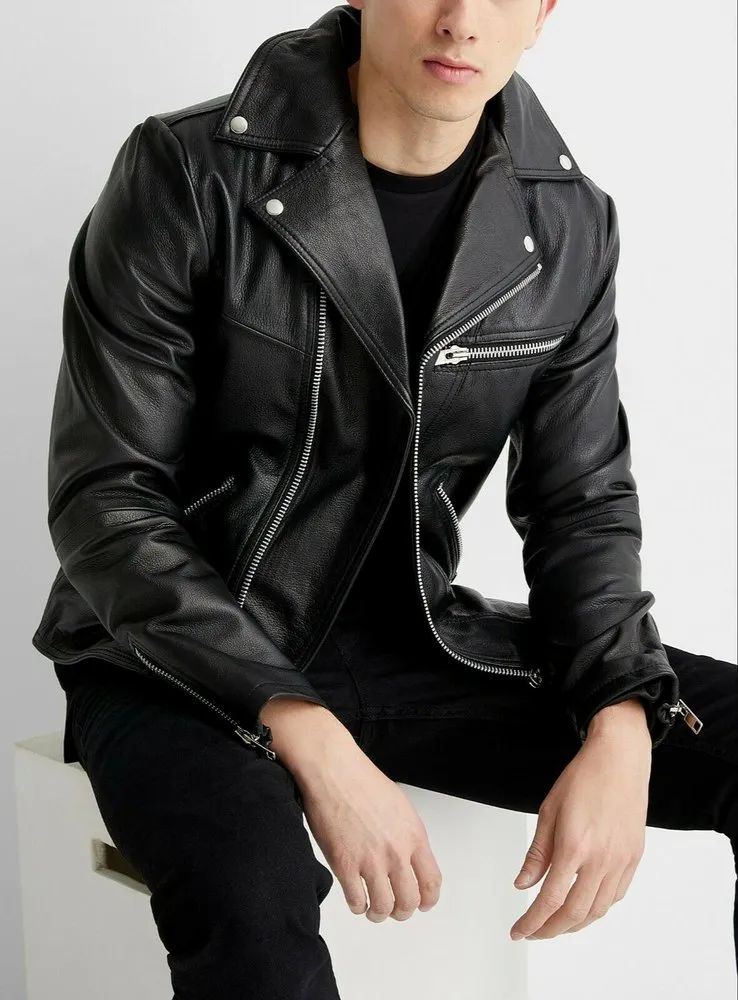 Full Sleeve Casual Jackets Mens Collar Zipper Black Leather Jacket