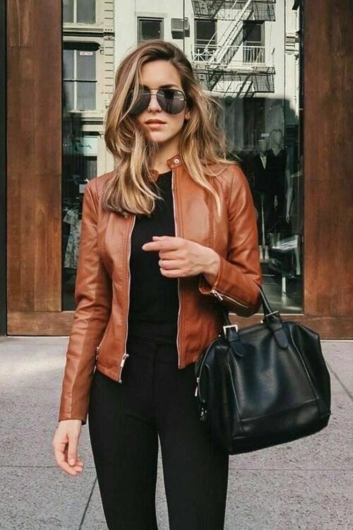 IFTEKHAR Women Brown leather Biker jacket