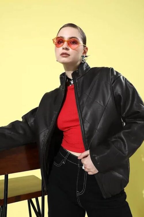 IFTEKHAR Women Black leather Biker jacket